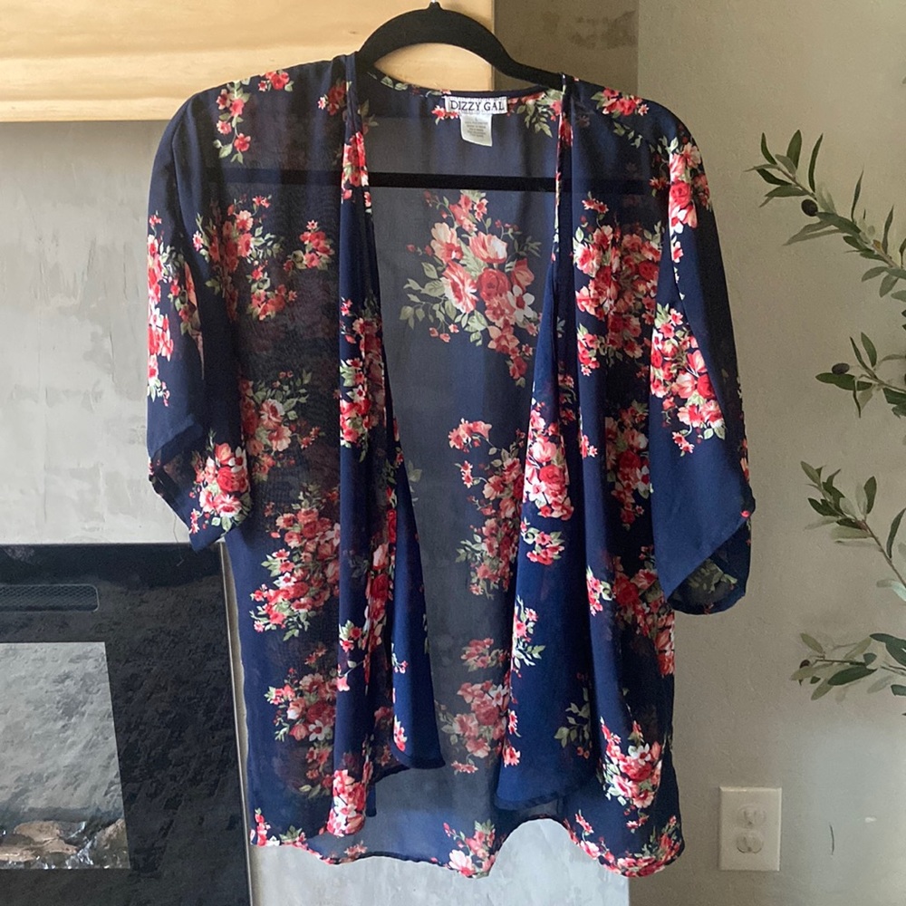 Navy Blue Flower Shawl/Coverup
